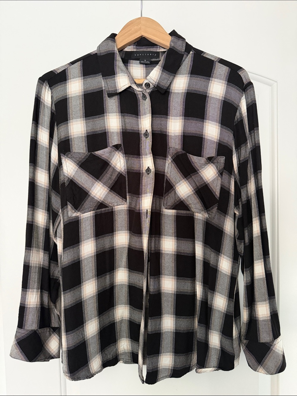 Sanctuary. Lightweight Black & Cream Plaid Men's Button-Up Shirt